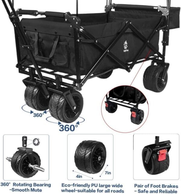 Collapsible Wagon Heavy Duty Folding Wagon Cart with Removable Canopy, 4" Wide Large All Terrain Wheels, Brake, Adjustable Handles,Cooler Bag Utility Carts for Outdoor Garden Beach - Image 2